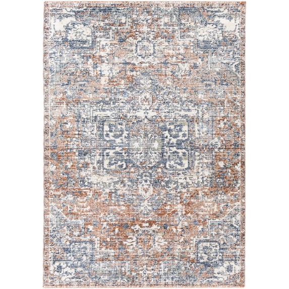 Hauteloom Leyaj Living Room, Bedroom Area Rug - Medallion Distressed Floral - Traditional Oriental Transitional - Blue, Rust, Cream - 2' x 2'11"