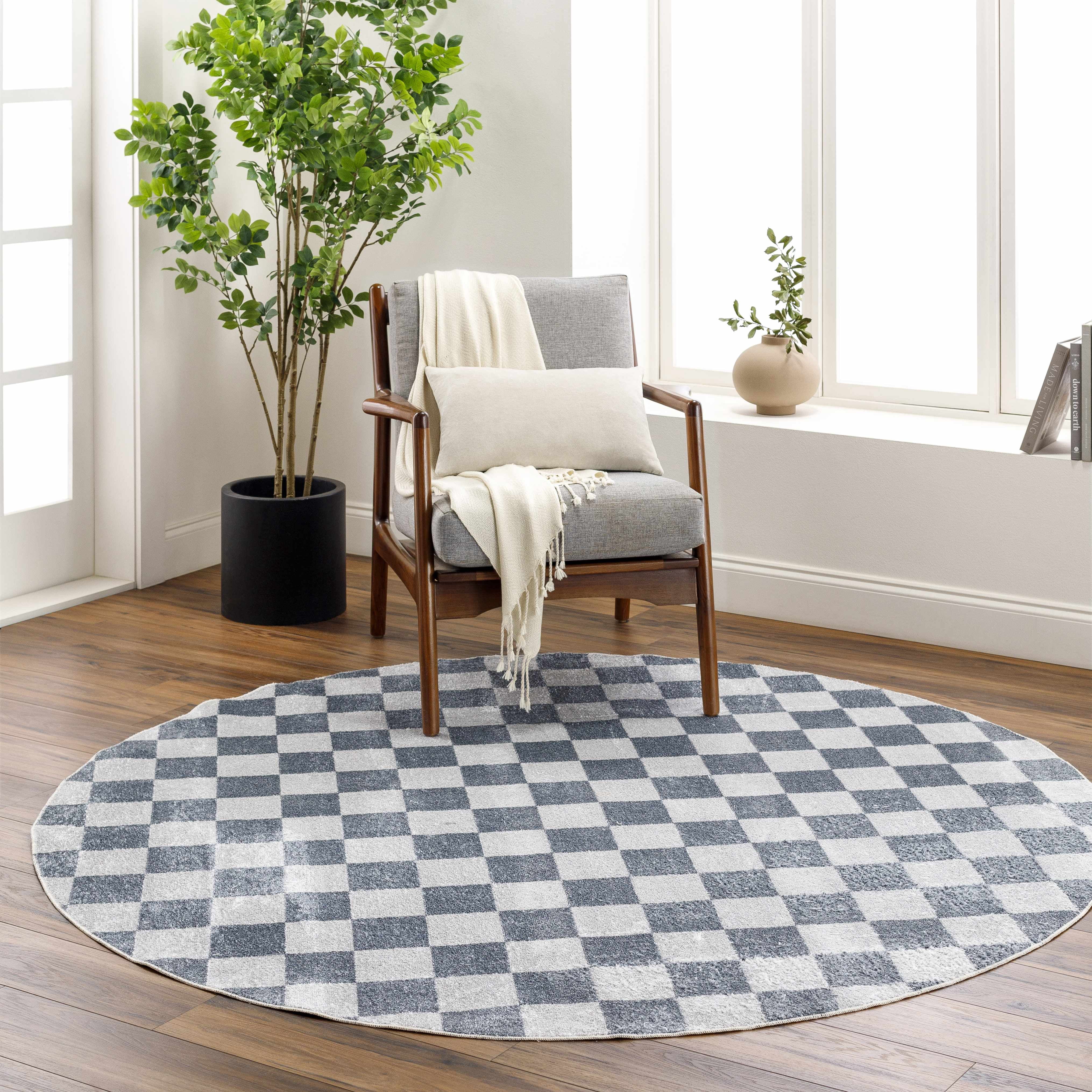Hauteloom Alia Living Room, Bedroom Machine Washable Area Rug - Farmhouse - Ivory, Blue, Gray - 6'7" Round