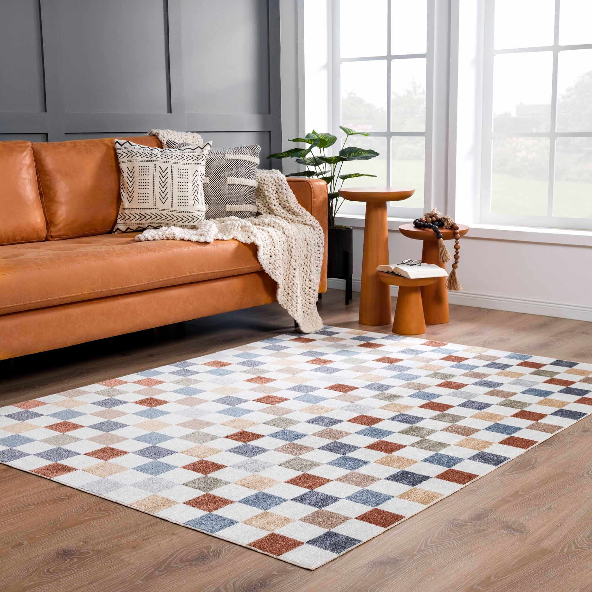 Alia Blue and Tan Checkered Washable Polyester Rug
