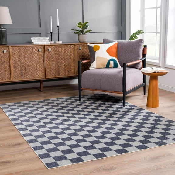 Hauteloom Alia Contemporary Checkered Area Rug - Modern Geometric Bordered Carpet for Living Room, Dining Room - Checkboard Design - Square Tiles - Contemporary - Ivory, Blue, Gray - 9'2" x 12'