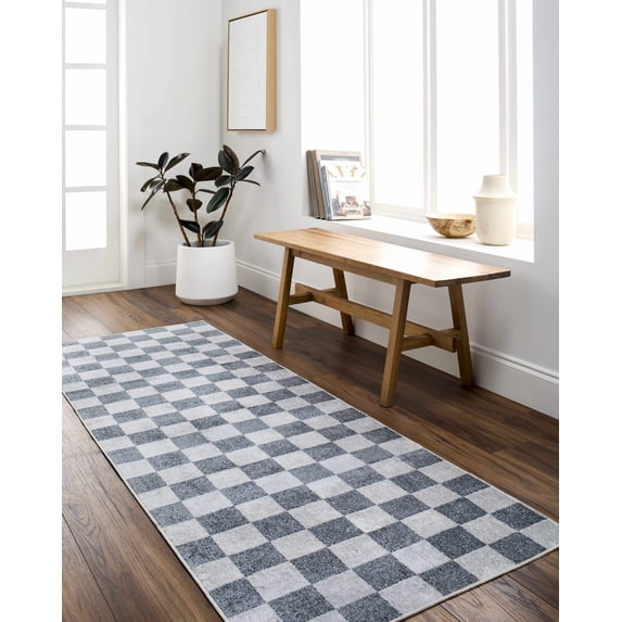 Hauteloom Alia Contemporary Checkered Runner Rug - Modern Geometric Bordered Carpet for Hallway - Checkboard Design - Square Tiles - Contemporary - Blue, Gray - 2'7" x 7'3"