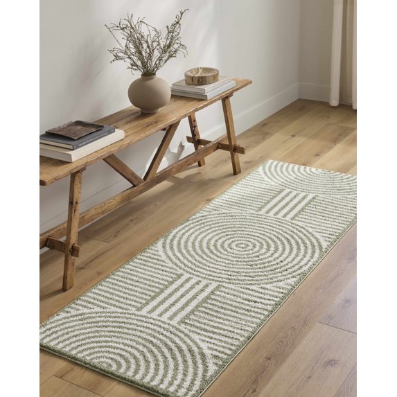 Hauteloom Allard Hallway, Kitchen Machine Washable Runner Rug - Contemporary - High Pile - Beige, Lime Green - 2'7" x 7'3"