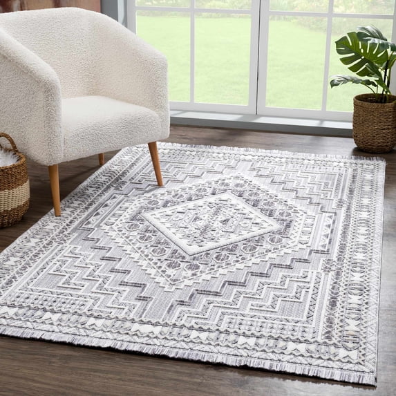 Hauteloom Alya Hallway, Kitchen Runner Rug - Bohemian, Transitional - High Pile - Gray, Light Gray, White - 2'7" x 7'3"