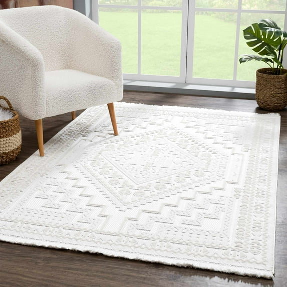 Hauteloom Alya Hallway, Kitchen Runner Rug - Bohemian, Transitional - High Pile - White - 2'7" x 7'3"