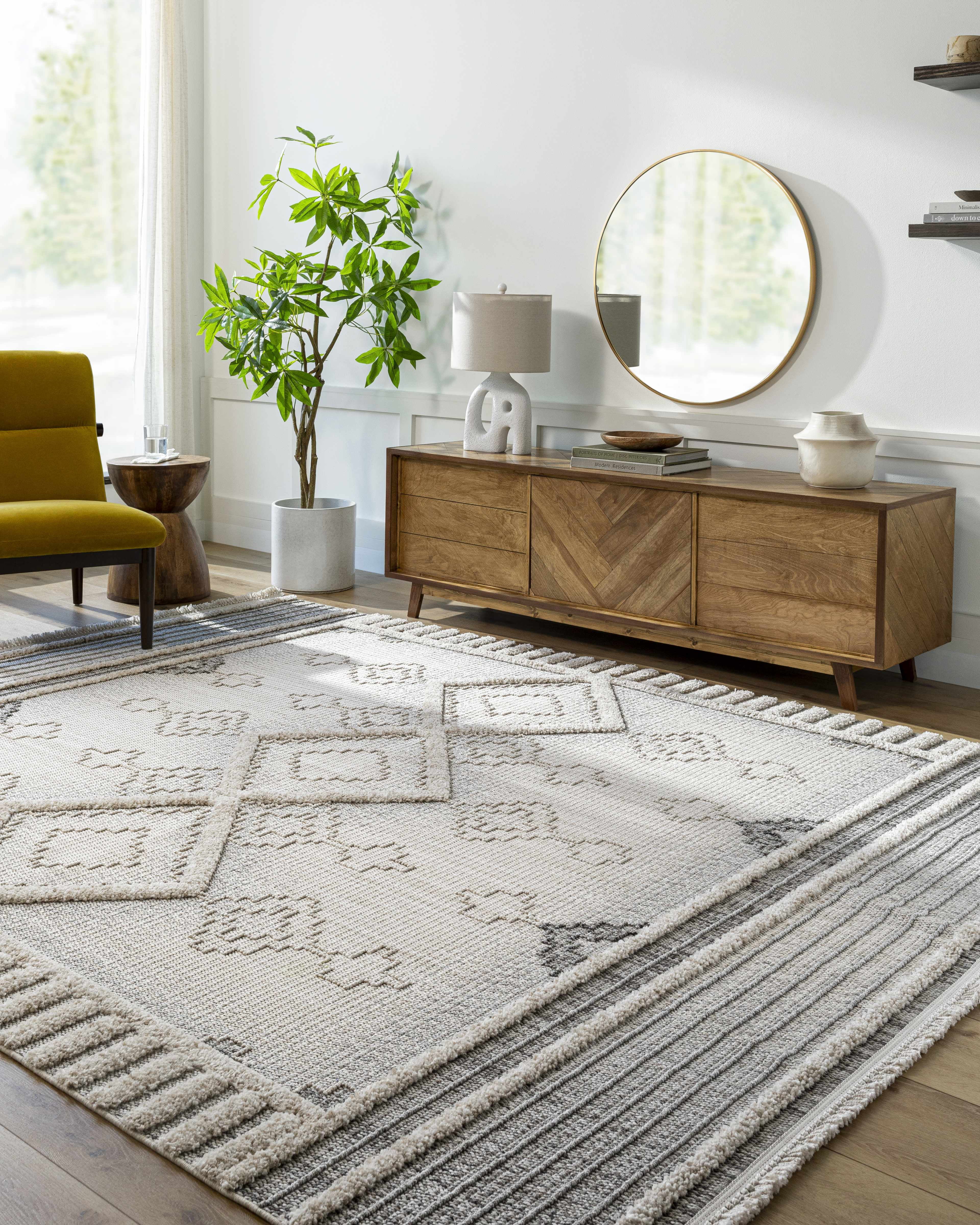 Amaga Charcoal and Cream High-Low Pile Polyester Area Rug 7'10" x 10'
