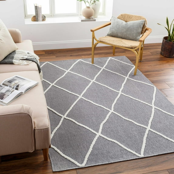 Hauteloom Amani Living Room, Bedroom Machine Washable Area Rug - Bohemian Modern Farmhouse - Moroccan Trellis - Gray, White - 5' x 7'2"
