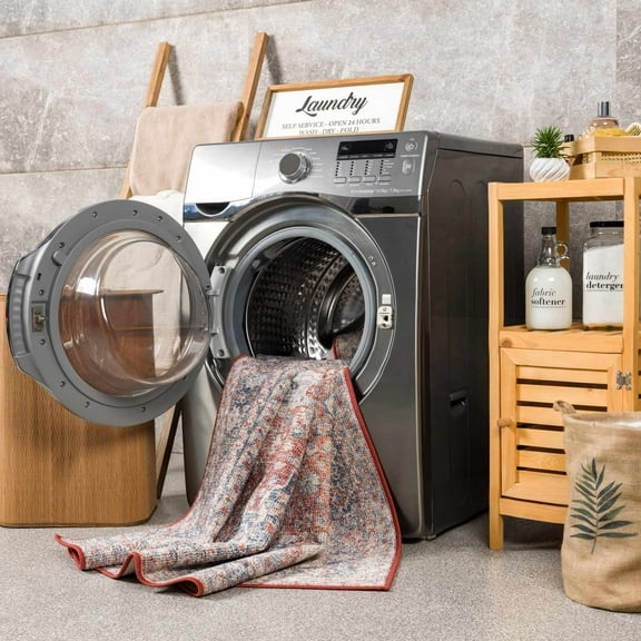 Hauteloom Ambre Hallway, Kitchen Machine Washable Runner Rug - Traditional Bohemian Carpet - Boho Vintage Distressed - Red, Burgundy, Beige, Grey, Blue - 2'7" x 10'2"
