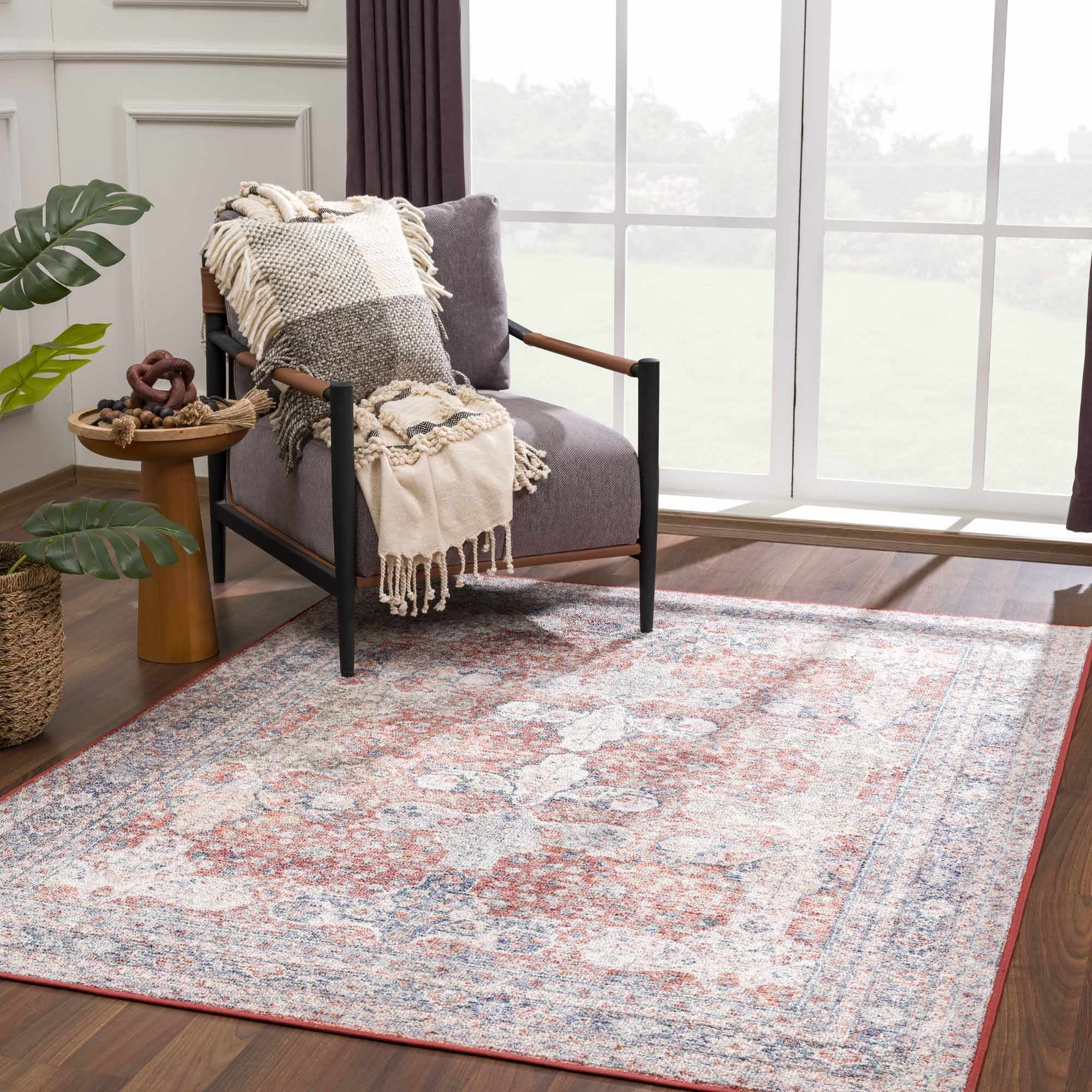 Ambre Blue and Burgundy Washable Polyester Area Rug 9'2" x 11'9"