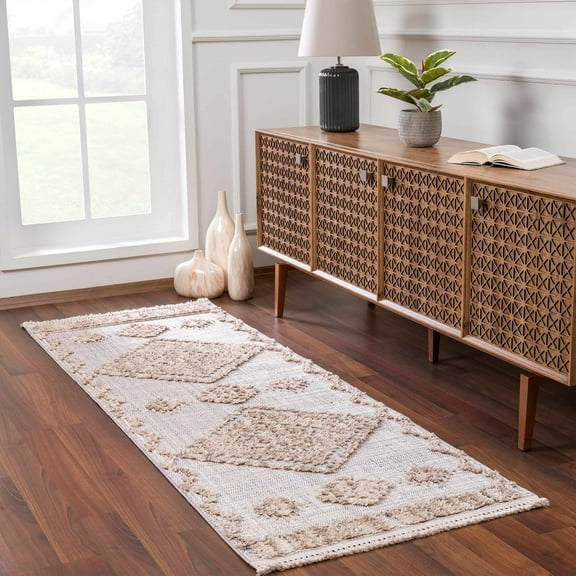 Hauteloom Ampusungan Modern Moroccan Medallion Farmhouse Hallway, Entryway Runner Rug - High Low - High Pile Long Carpet - Cream, Beige, Brown, Beige - 2'7" x 7'3"
