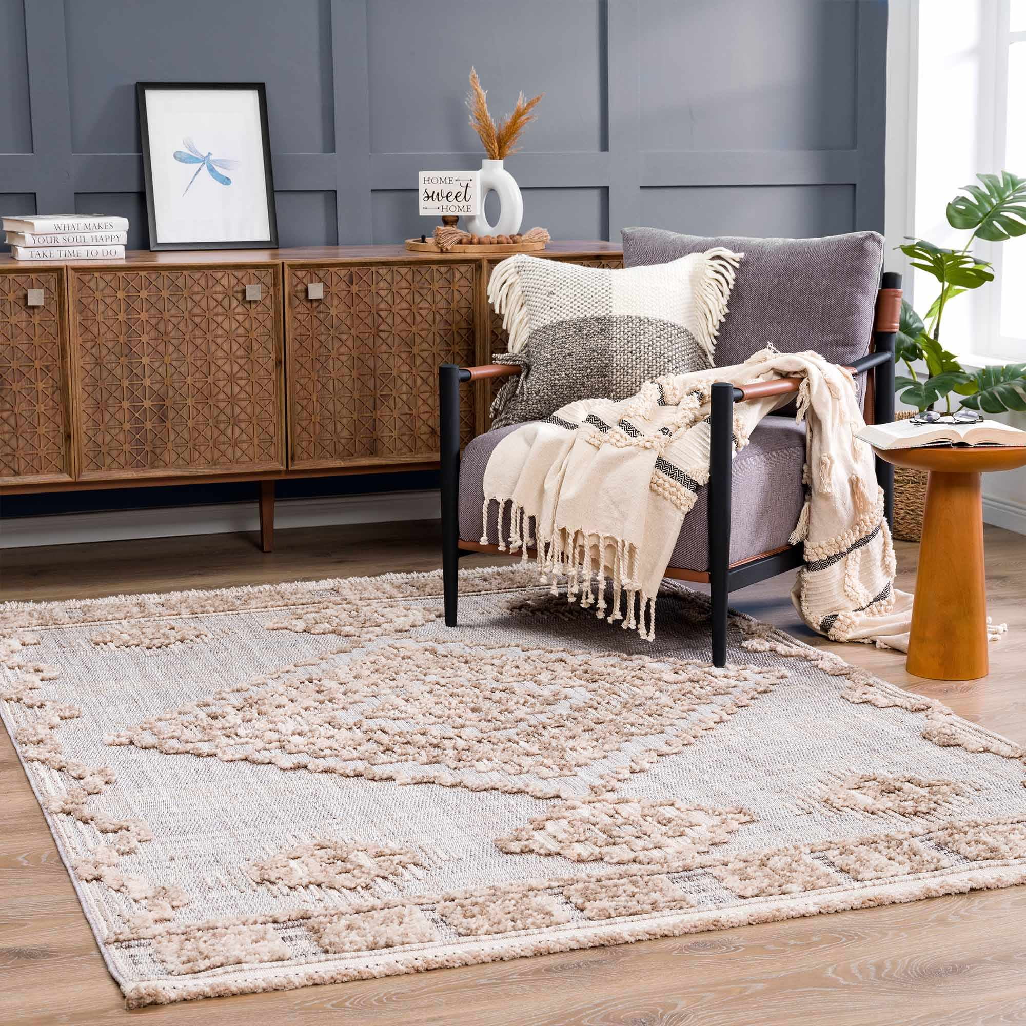 Hauteloom Ampusungan Modern Moroccan Medallion Farmhouse Living Room, Bedroom Area Rug - High Low - High Pile Carpet - Cream, Beige, Brown, Beige - 6'7" x 9'