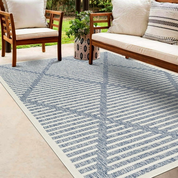 Hauteloom Anah Moroccan Geometric Area Rug - Outdoor Safe - Striped Diamond Performance Carpet for Porch, Patio, Living Room - High Traffic Rug - Blue and White - 7'10" x 10' (8x10 Area Rug)
