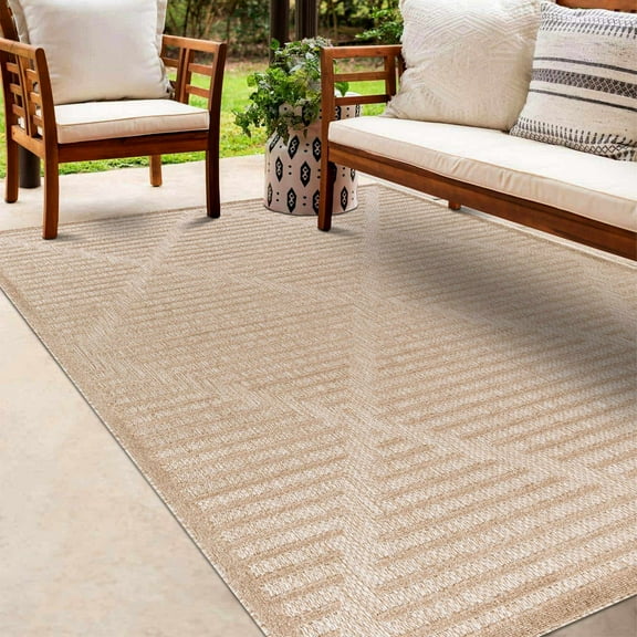 Hauteloom Anah Moroccan Geometric Area Rug - Outdoor Safe - Striped Diamond Performance Carpet for Porch, Patio, Living Room - High Traffic Rug - Brown, Tan, Beige - 5'3" x 7' (5x7 Area Rug)