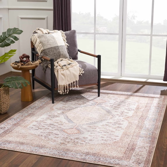 Hauteloom Analu Hallway, Kitchen Machine Washable Runner Rug - Traditional Bohemian Carpet - Boho Vintage Distressed - Brown, Beige, Cream, Sand, Blue - 2'7" x 4'