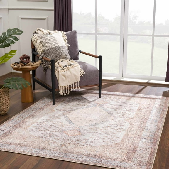 Hauteloom Analu Living Room, Bedroom Machine Washable Area Rug - Traditional Bohemian Carpet - Boho Vintage Distressed - Brown, Beige, Cream, Sand, Blue - 5'3" x 7'