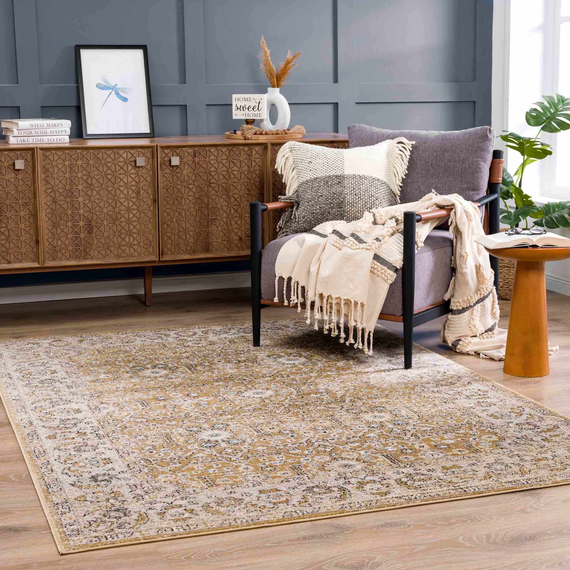 Anana Gold and Beige Oriental Synthetic Area Rug 5'3" x 7'