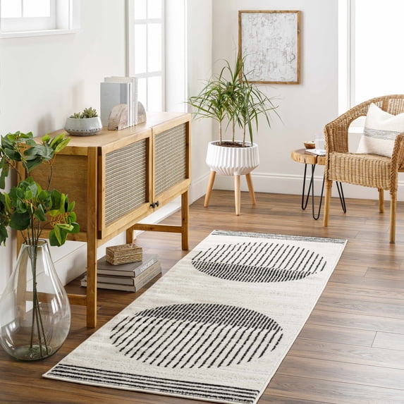 Hauteloom Angus Contemporary Bedroom Hallway Entryway Runner Rug - Non Shedding - Striped Round Southwestern Pattern - Aztecian Tribal Long Carpet - Black, Grey, Off White, Beige - 2'7" x 7'3"