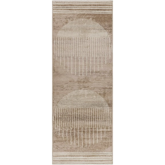 Hauteloom Yoad Contemporary Bedroom Living Room Farmhouse Runner Rug - Art Deco Boho Carpet - Mid Century Round Southwestern - Native American - Brown, Beige, Bone - 2'7" x 10'