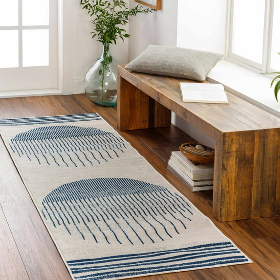 Hauteloom Duri Hallway, Kitchen Runner Rug - Contemporary - Cream, Navy, Light Slate - 2'7" x 10'