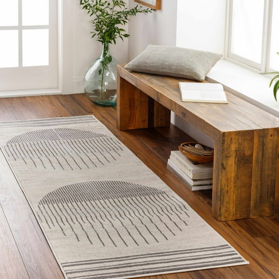 Hauteloom Frosinone Contemporary Bedroom Living Room Farmhouse Runner Rug - Art Deco Boho Carpet - Mid Century Round Southwestern - Native American - Light Grey, Dark Gray, Beige - 2'7" x 7'3"