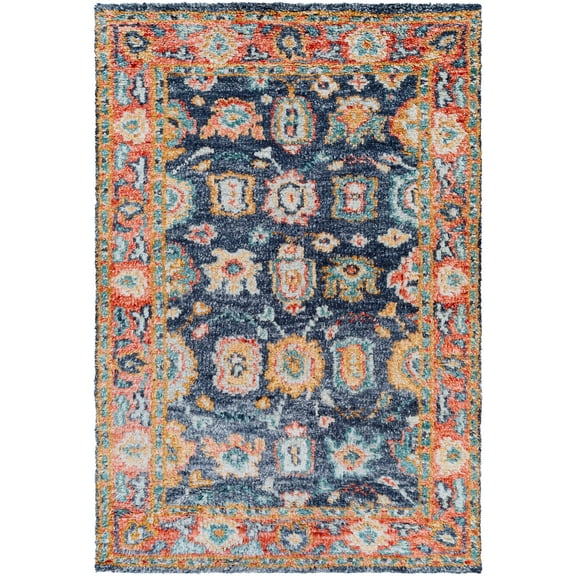 Hauteloom Rizik Wool Living Room, Bedroom Area Rug - Floral Border Medallion - Traditional Oriental Oushak - High Pile - Blue, Rust, Orange - 2' x 3'