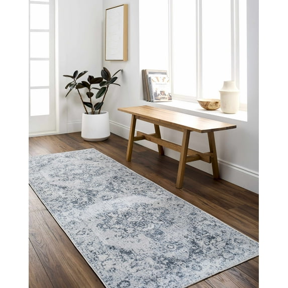 Hauteloom Ankti Hallway, Kitchen Machine Washable Runner Rug - Blue, Ivory, Gray - 2'7" x 7'3"