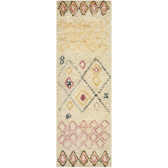 Hauteloom Annica Boho Hand Tufted Natural Fiber Wool Shag Runner Rug - Tribal Southwestern Colorful Carpet for Hallway, Kitchen - High Pile - Beige, Mustard, Blush - 2'6" x 8'