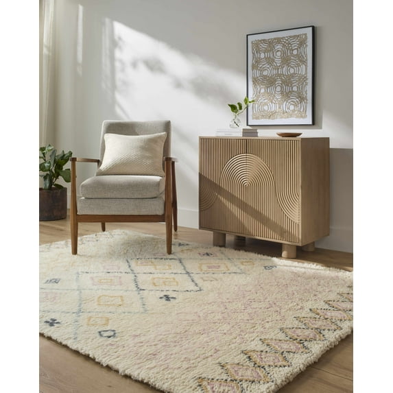 Hauteloom Annica Boho Hand Tufted Natural Fiber Wool Shag Area Rug - Tribal Southwestern Colorful Carpet for Living Room, Bedroom, Dining Room - High Pile - Beige, Mustard, Blush - 2' x 3'