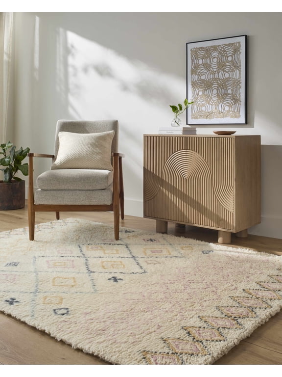 Annica Boho Hand Tufted Natural Fiber Wool Shag Area Rug - Tribal Southwestern Colorful Carpet for Living Room, Bedroom, Dining Room - High Pile - Beige, Mustard, Blush - 5' x 7'6"
