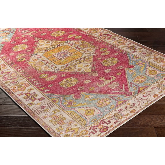 Hauteloom Anopog Living Room, Bedroom Machine Washable Area Rug - Traditional - Pink, Mustard, Denim - 2' x 2'11"