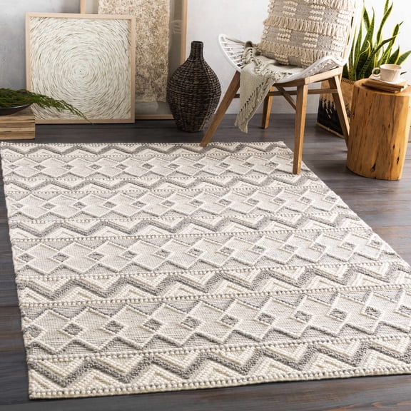 Hauteloom Antigo Boho Hand Woven Wool High Low Textured Area Rug - Farmhouse Moroccan Trellis Carpet for Living Room - Handmade Zig Zag Bubble Weave - Beige, Gray, Cream - 3' x 5'