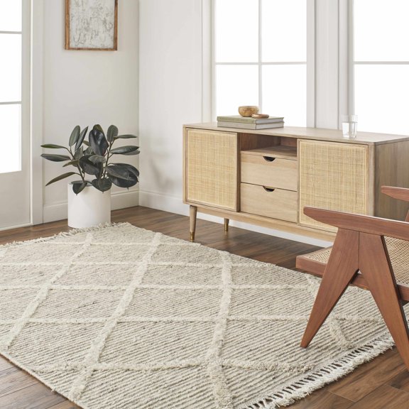 Hauteloom Hecuc Wool Living Room, Bedroom Area Rug - Bohemian Transitional - Beige, Brown - 2' x 3'