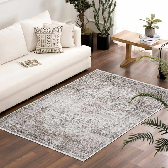 Hauteloom Ariana Bohemian Vintage Medallion Area Rug - Farmhouse Oriental Carpet for Living Room, Bedroom - Machine Washable- Pearl, Dark Brown, Brown - 6'7" x 9'