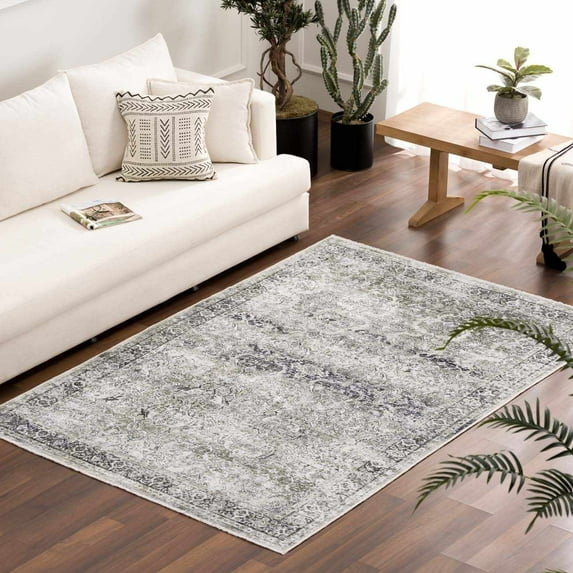 Hauteloom Arista Bohemian Vintage Medallion Area Rug - Farmhouse Oriental Carpet for Living Room, Bedroom - Machine Washable - Gray - 6'7" x 9'