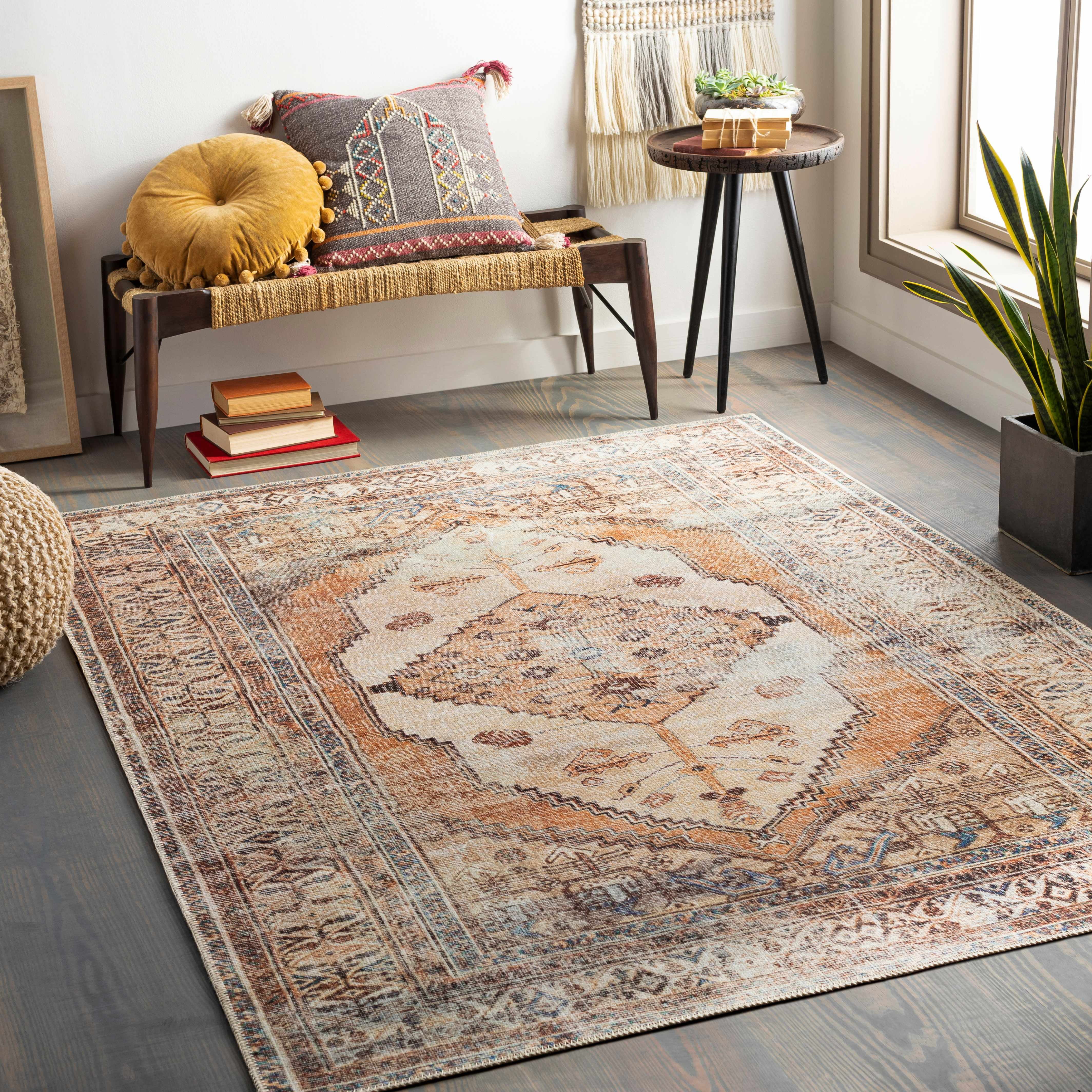 Elegant Gray Boho Chic Washable Polyester Area Rug 5'3" x 7'3"