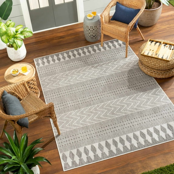 Hauteloom Asif Living Room, Bedroom Patio Outdoor Area Rug - Bohemian, Transitional - Off White, Charcoal, Medium Gray - 6'7" x 9'