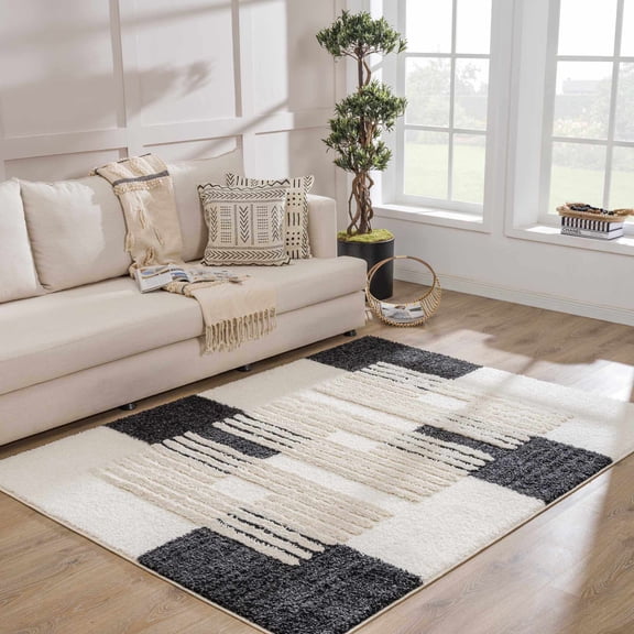 Hauteloom Astro Living Room, Bedroom Area Rug - Plush Pile - Black, Orange, Gray - 6'7" x 9'