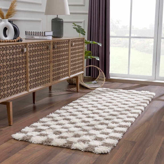 Hauteloom Marshmallow Checkered Shag Runner Rug - Checkboard Design - High Pile Fluffy Shaggy Touch - Square Tiles - Kids Room, Hallway, Bedroom Shag - Brown, Cream, White - 2'7" x 7'3"
