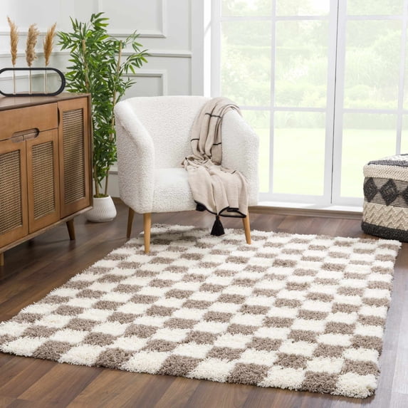 Hauteloom Marshmallow Contemporary Checkered Fluffy Shag Area Rug - Modern Geometric Carpet Tiles for Living Room, Kids Room, Nursery - Plush Pile - Cream,Light Brown - 4' x 6'