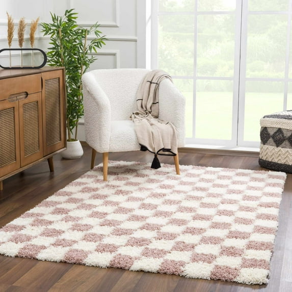 Hauteloom Atira Contemporary Checkered Fluffy Shag Area Rug - Modern Geometric Carpet Tiles for Living Room, Kids Room, Nursery - Plush Pile - Cream, Pink - 18" Sample