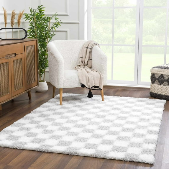 Hauteloom Atira Contemporary Checkered Fluffy Shag Area Rug - Modern Geometric Carpet Tiles for Living Room, Kids Room, Nursery - Plush Pile - Gray, Cream, White - 5'3" x 7'3"