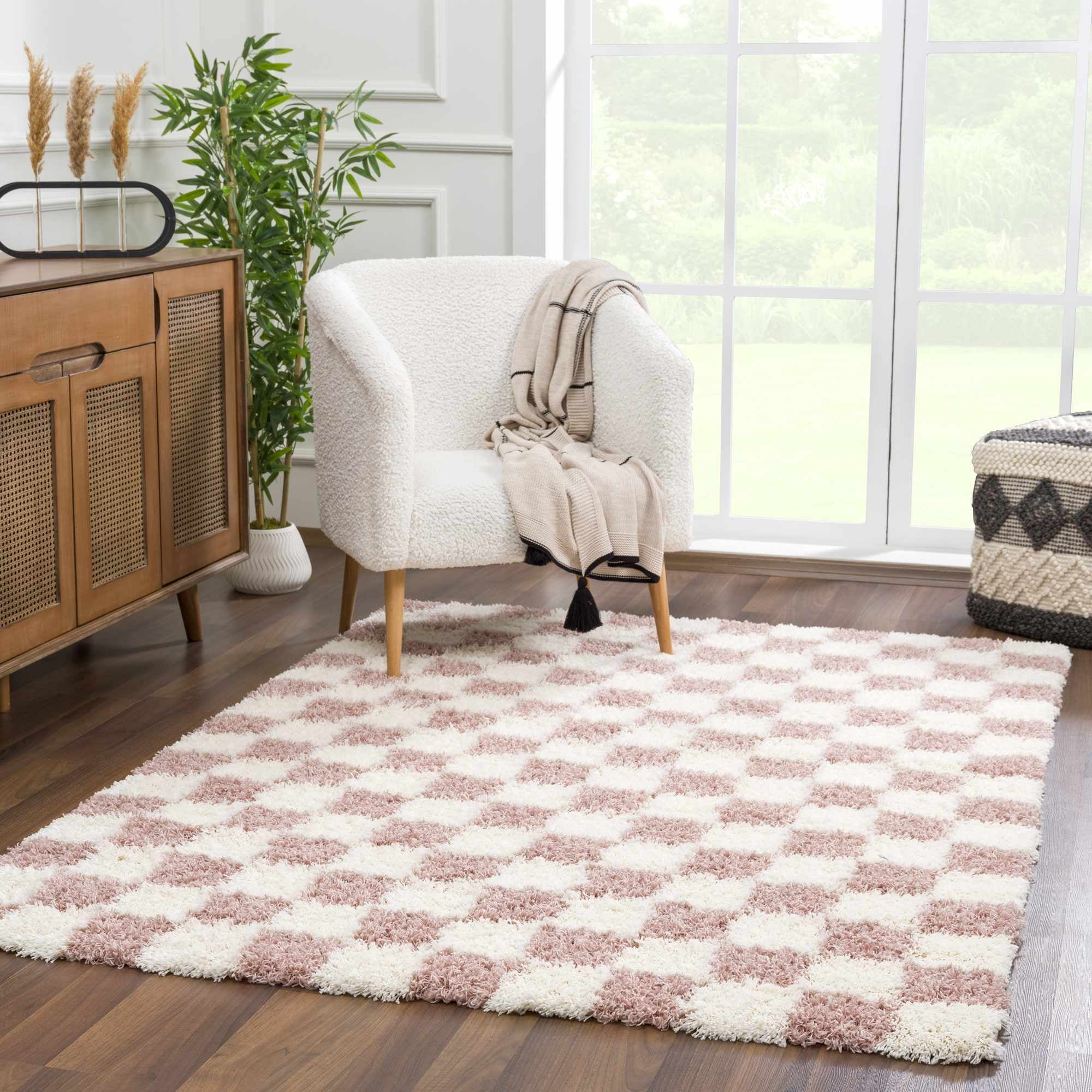 Hauteloom Marshmallow Contemporary Checkered Fluffy Shag Area Rug