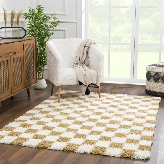 Hauteloom Atira Contemporary Checkered Fluffy Shag Area Rug - Modern Geometric Carpet Tiles for Living Room, Kids Room, Nursery - Plush Pile - Yellow, Cream, White - 7'10" x 10'3"