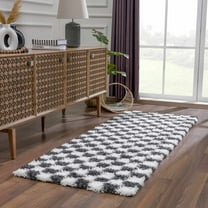 Hauteloom Atira Contemporary Checkered Fluffy Shag Runner Rug - Modern Geometric Carpet Tiles for Hallway, Hitchen - Plush Pile Carpet Squares - Black, White - 2'7" x 7'3"