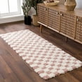 thumbnail image 1 of Hauteloom Atira Contemporary Checkered Fluffy Shag Runner Rug - Modern Geometric Carpet Tiles for Hallway, Kids Room - Plush Pile Carpet Squares - Cream, Pink- 2'7" x 10', 1 of 14