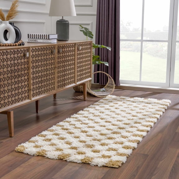Hauteloom Marshmallow Contemporary Checkered Fluffy Shag Runner Rug - Modern Geometric Carpet Tiles for Hallway, Kids Room - Plush Pile Carpet Squares - Yellow, Cream, White - 2'7" x 7'3"
