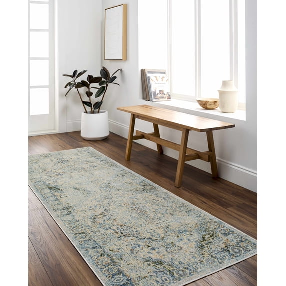 Hauteloom Aurum Hallway, Kitchen Machine Washable Runner Rug - Traditional - Beige, Blue, Green - 2'7" x 7'3"