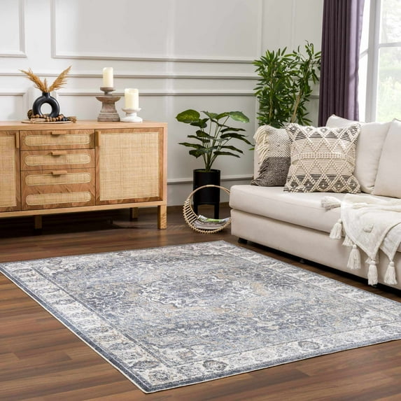 Hauteloom Aurum Living Room, Bedroom Machine Washable Area Rug - Traditional - Medium Gray, Navy, Gray - 9'2" x 12'4"