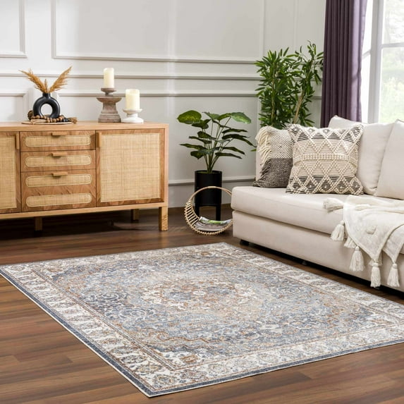 Hauteloom Aurum Living Room, Bedroom Machine Washable Area Rug - Traditional - Medium Gray, Gray, Navy - 6'7" Round