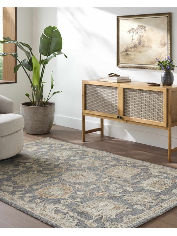 Auryon Boho Hand Tufted Natural Fiber Wool Area Rug - Traditional Floral Carpet for Living Room, Bedroom, Dining Room - Gray Blue, Off White - 2' x 3'