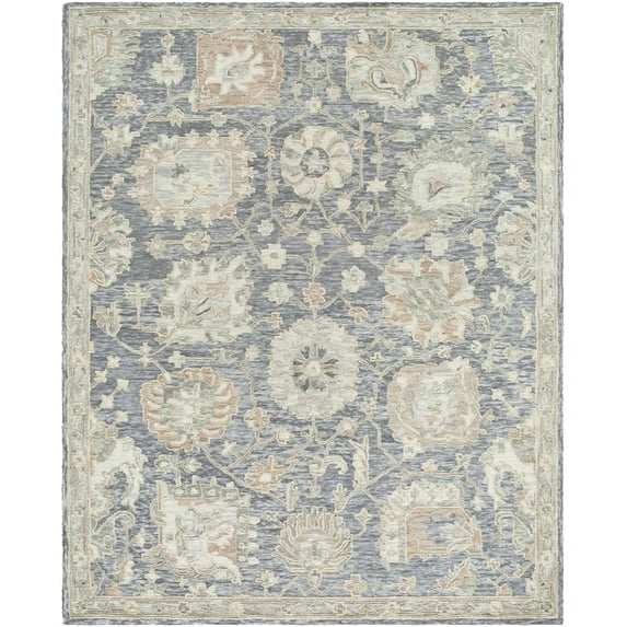Hauteloom Auryon Boho Hand Tufted Natural Fiber Wool Area Rug - Traditional Floral Carpet for Living Room, Bedroom, Dining Room - Gray Blue, Off White - 9' x 12'